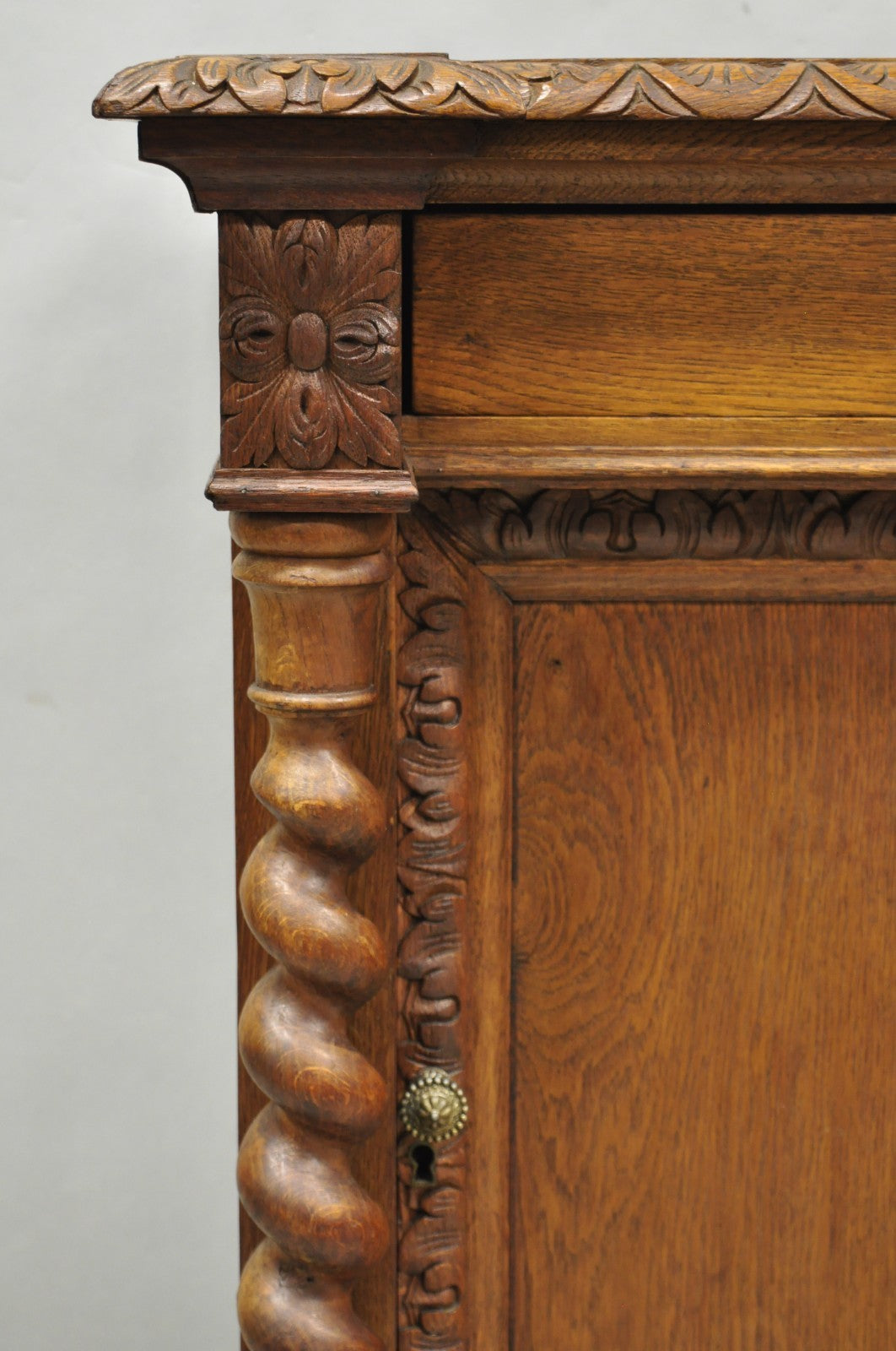 Antique Renaissance Revival Oak Wood Spiral Barley Twist Jelly Liquor Cabinet