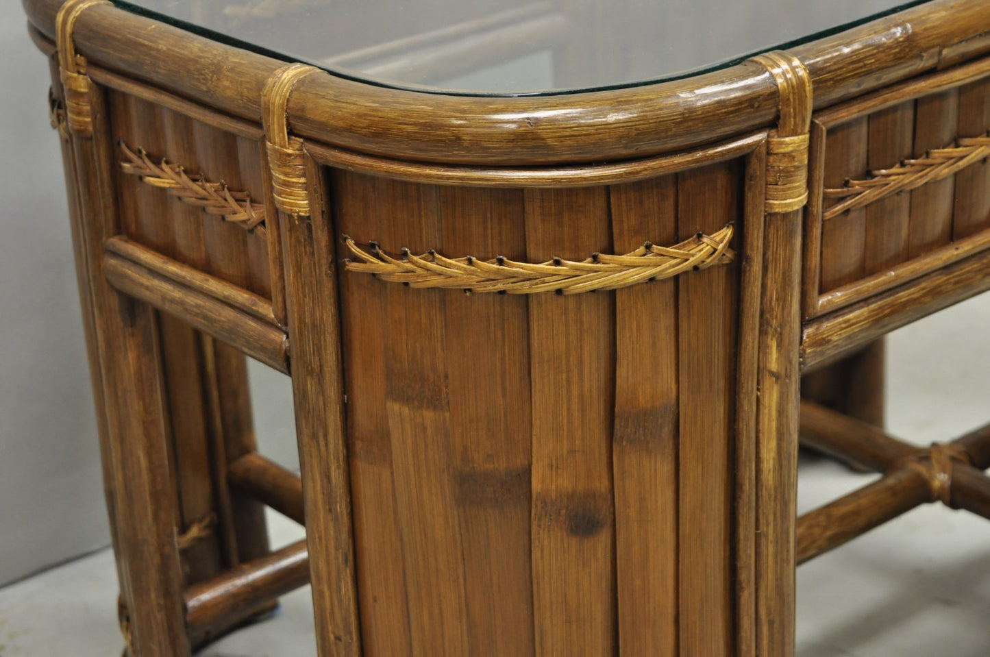 Vintage Hollywood Regency Bentwood Rattan Glass Top Beach House Side Table