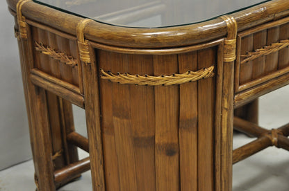 Vintage Hollywood Regency Bentwood Rattan Glass Top Beach House Side Table