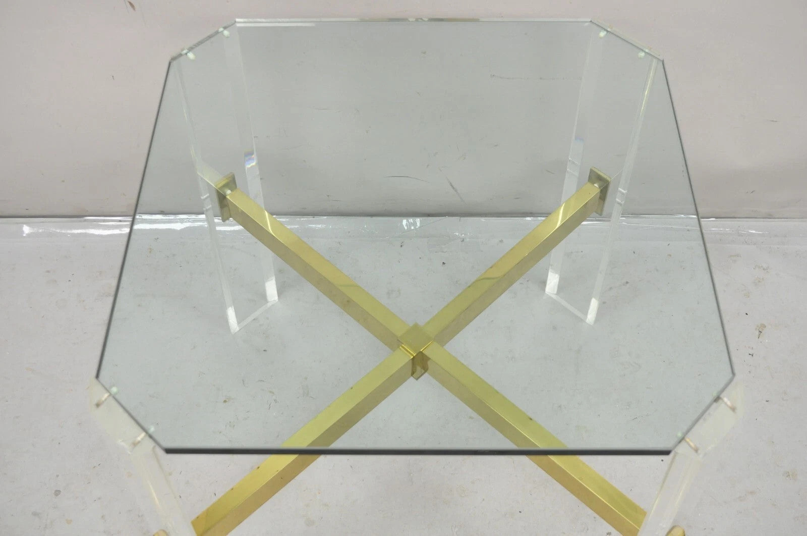 Vintage Mid Century Modern Lucite & Glass Brass Stretcher Occasional Side Table