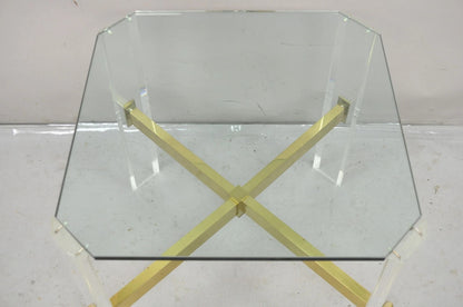 Vintage Mid Century Modern Lucite & Glass Brass Stretcher Occasional Side Table