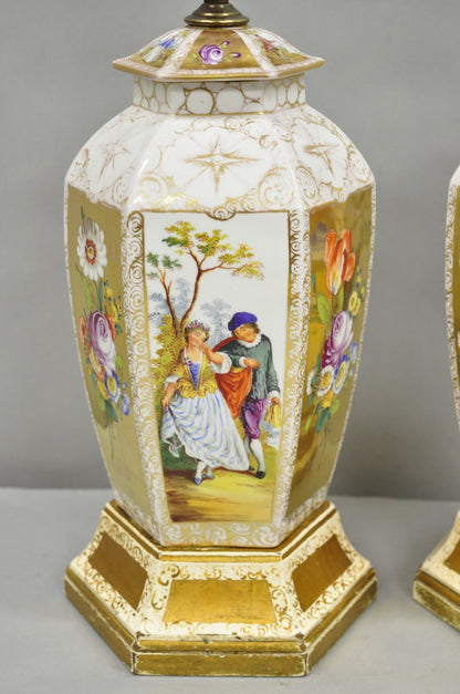 Antique French Victorian Hand Painted Gold Gilt Ginger Jar Table Lamps - a Pair