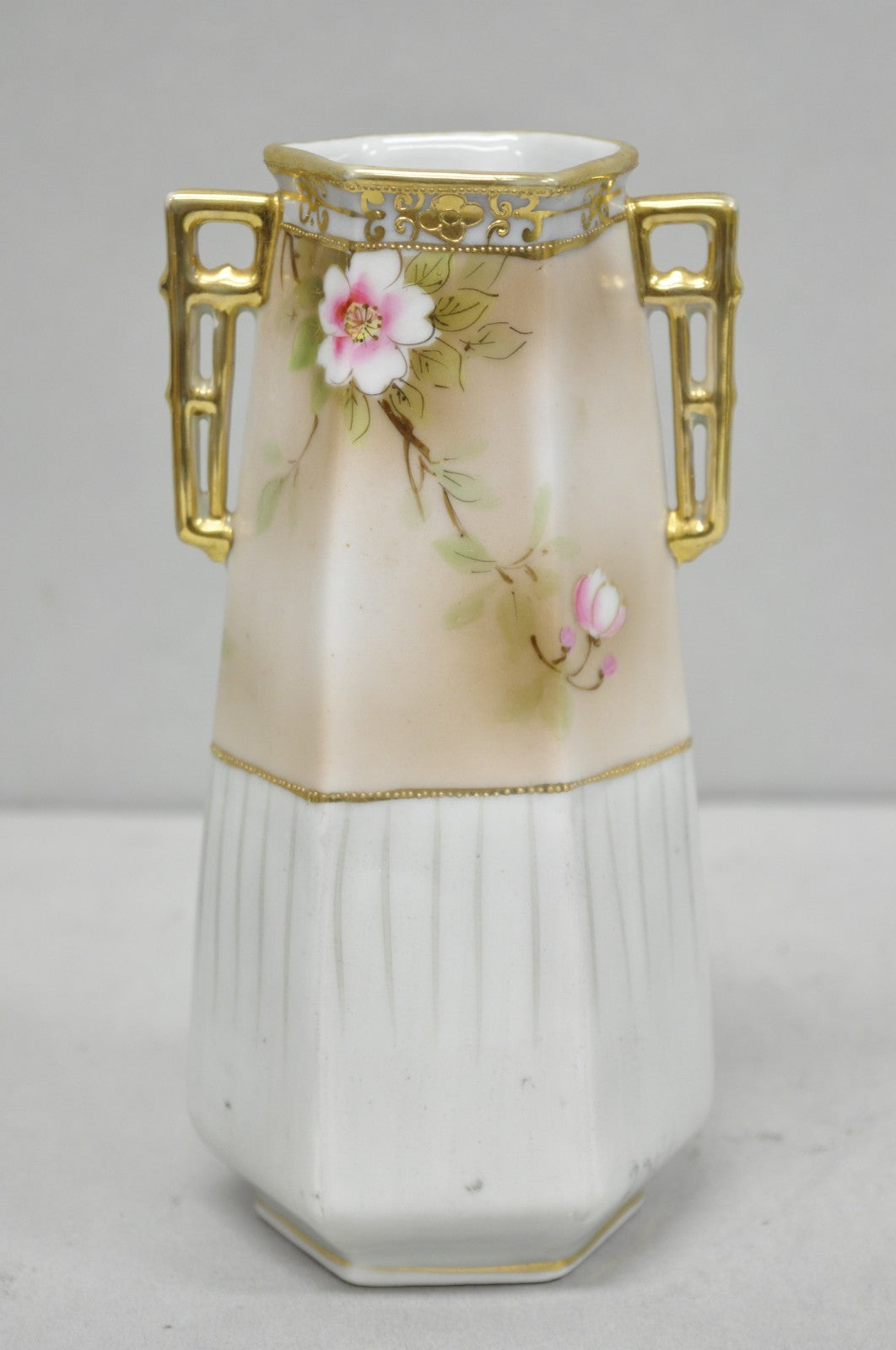 Antique Nippon Twin Handled Pink Hand Painted Porcelain Hexagon Gold Rimmed Vase