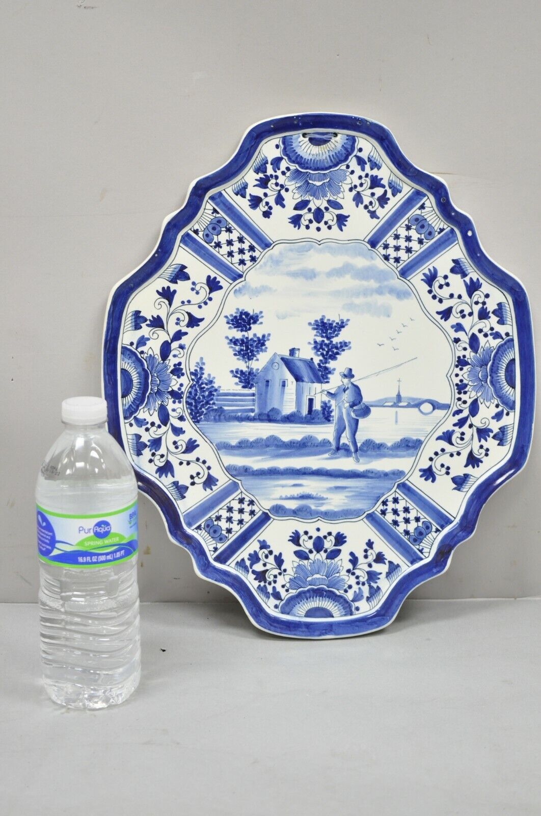 Vintage Blue White Porcelain Delf Style Italian Fisherman Wall Art Charger Plate