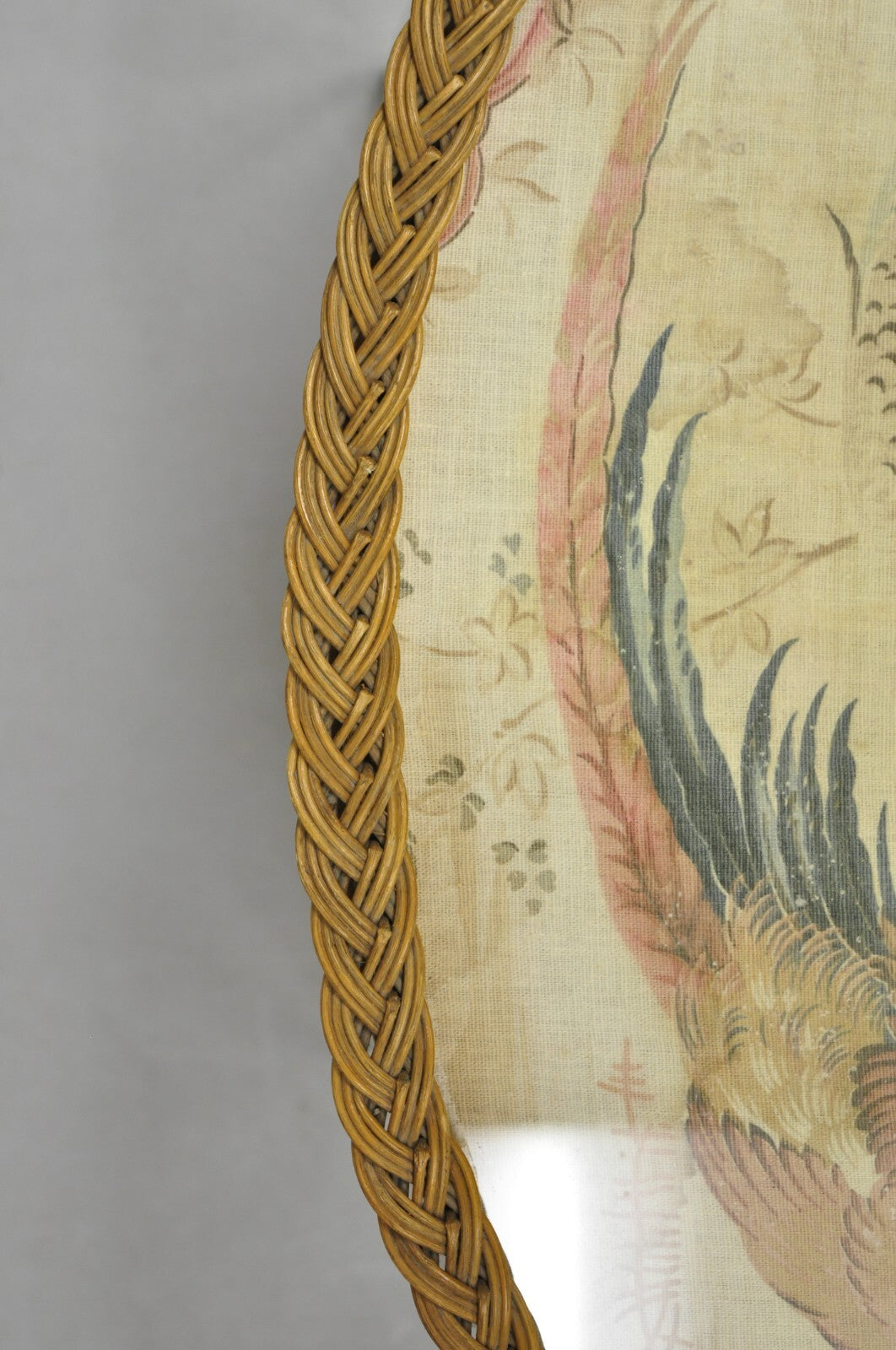 Antique French Victorian Wicker Pheasant Bird Tapestry Oval Bar Serving Tray
