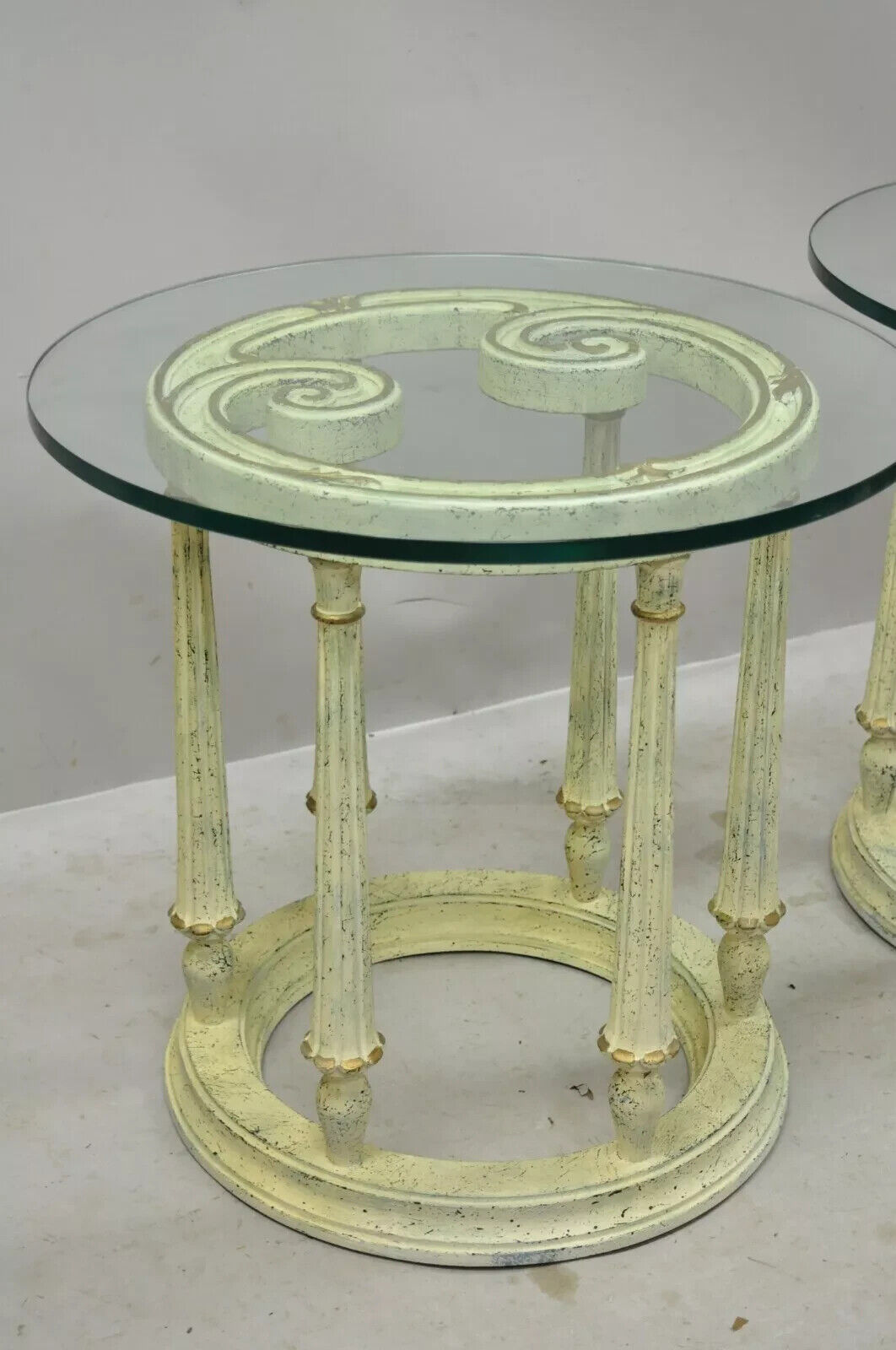 Italian Provincial Scrollwork Snail Glass Top Wooden Coffee Table Set - 3 Pc Set