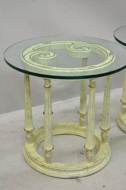 Italian Provincial Scrollwork Snail Glass Top Wooden Coffee Table Set - 3 Pc Set