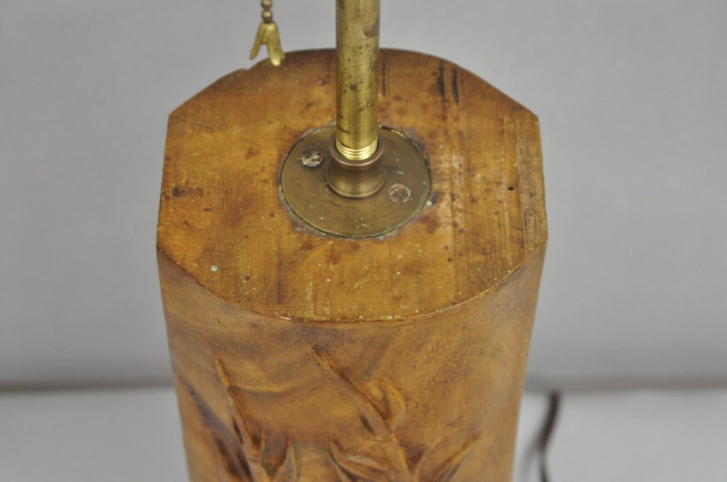 Antique Chinese Carved Solid Teak Wood Block Bamboo Chute Table Lamp