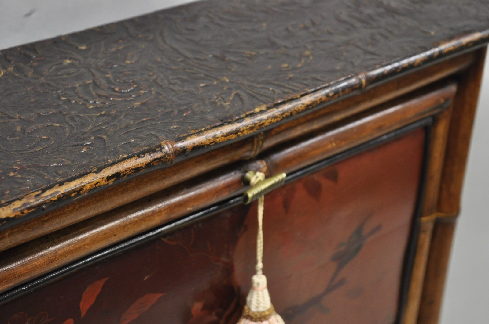 Antique English Victorian Bamboo Chinoiserie Compact Fall Front Secretary Desk