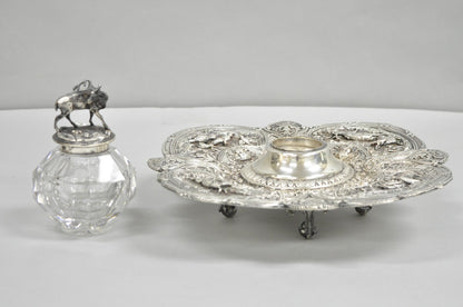 Antique English Victorian Stag Mounted Crystal Glass Inkwell Silver Plated Tray