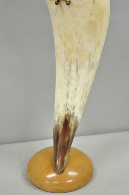 Vintage Italian Regency Large Cattle Cow Horn Vase on Sculpted Maple Wood Base