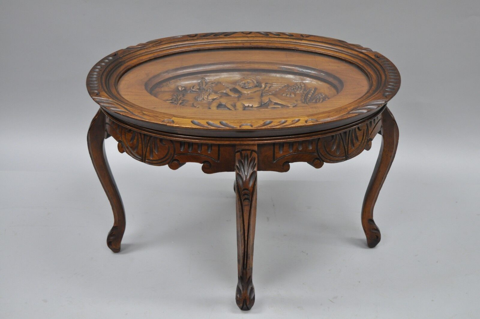 French Renaissance Style Glass Top Tray Coffee Table with Carved Cherubs Angels