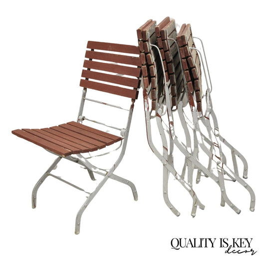 French Country Style Wood Slat Iron Frame Folding Garden Chairs - Set of 4