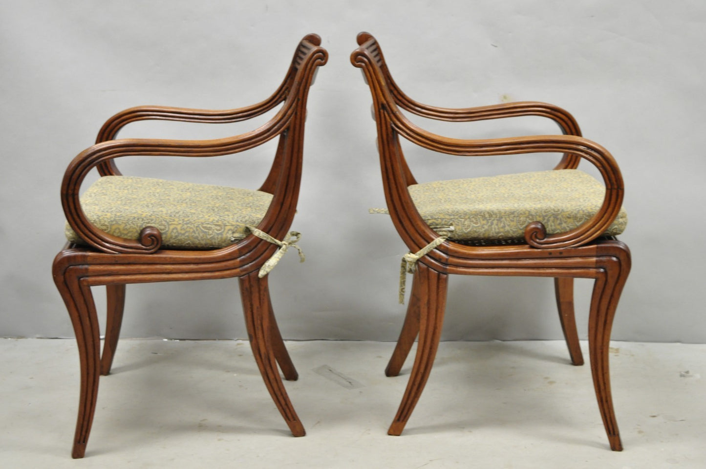 Vintage English Regency Style Cane Seat Mahogany Saber Leg Arm Chairs - a Pair
