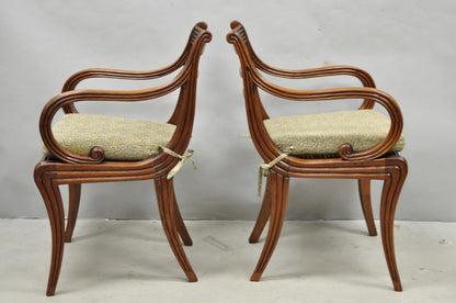 Vintage English Regency Style Cane Seat Mahogany Saber Leg Arm Chairs - a Pair