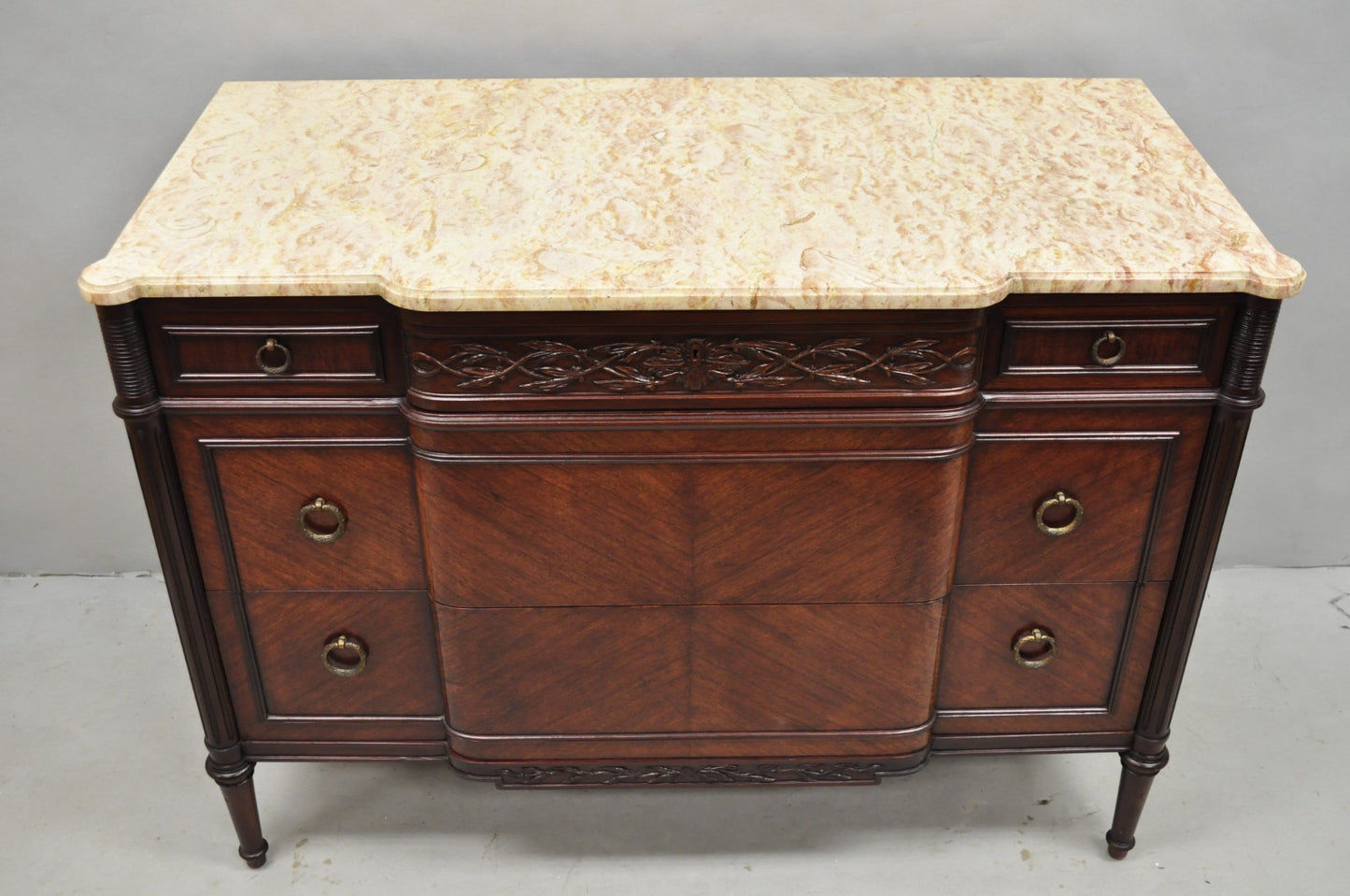 Antique French Louis XVI Maison Jansen Style Mahogany Marble Top Dresser Commode