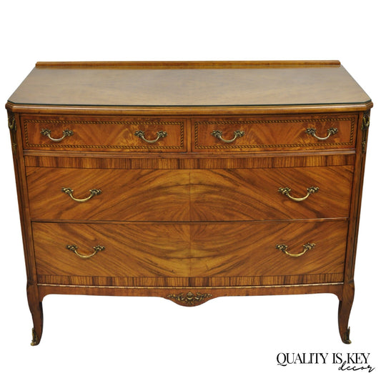 Antique French Louis XV Style Mahogany Satinwood Inlay 4 Drawer Dresser by Sligh