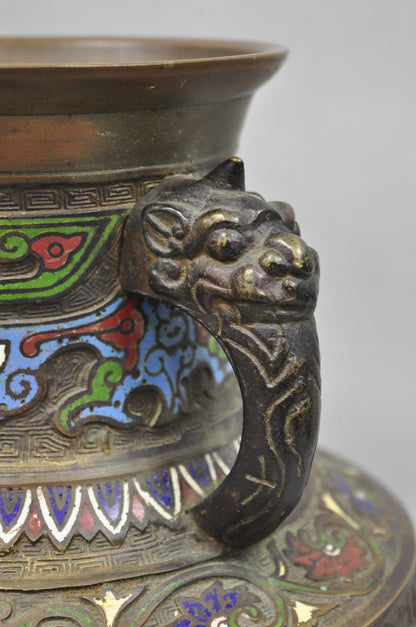 Antique Japanese Champleve Cloisonne Enamel Bronze Twin Handle 14" Vessel Vase