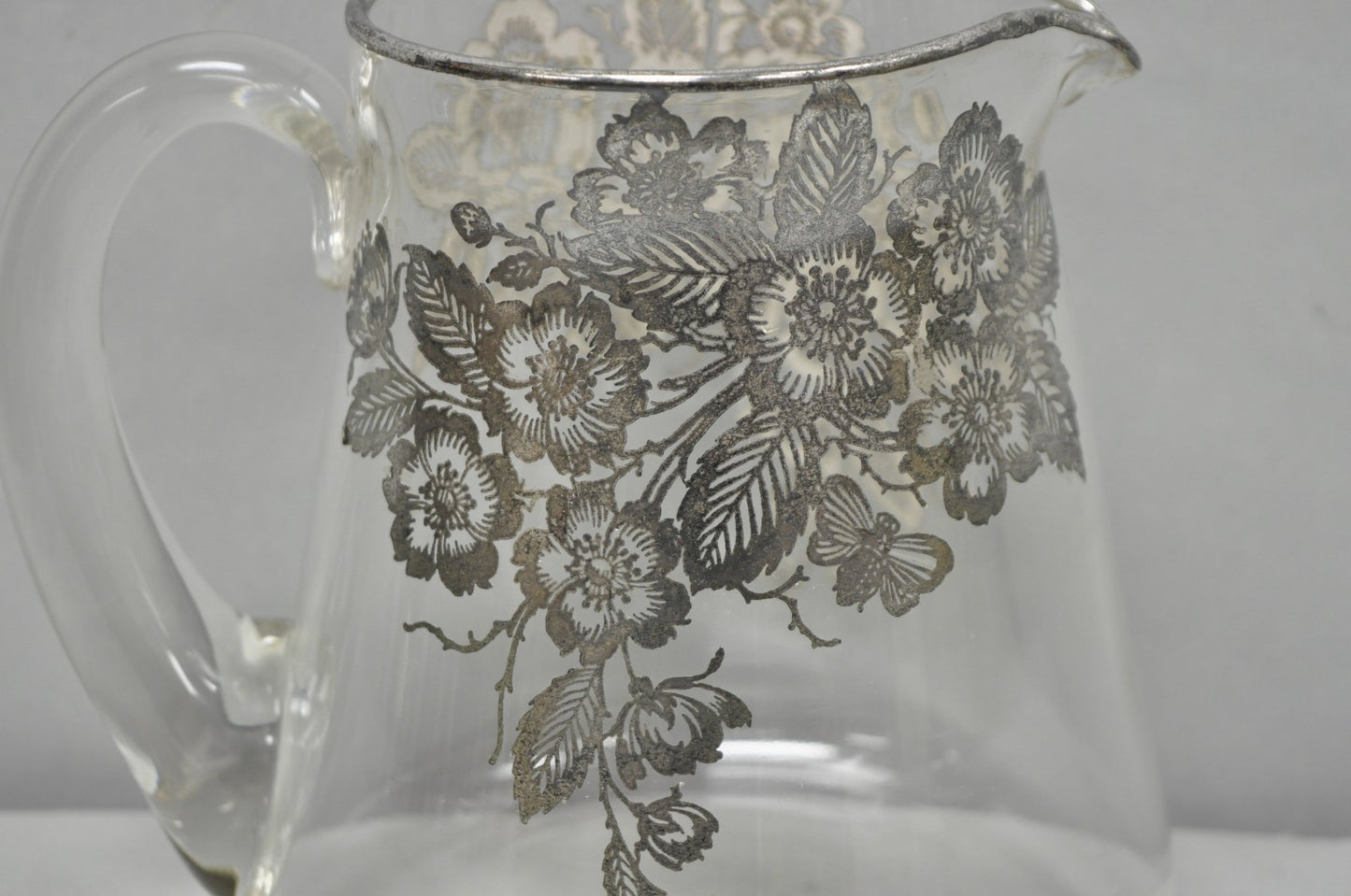Vintage Art Nouveau Floral Sterling Silver Overlay Crystal Glass Water Pitcher