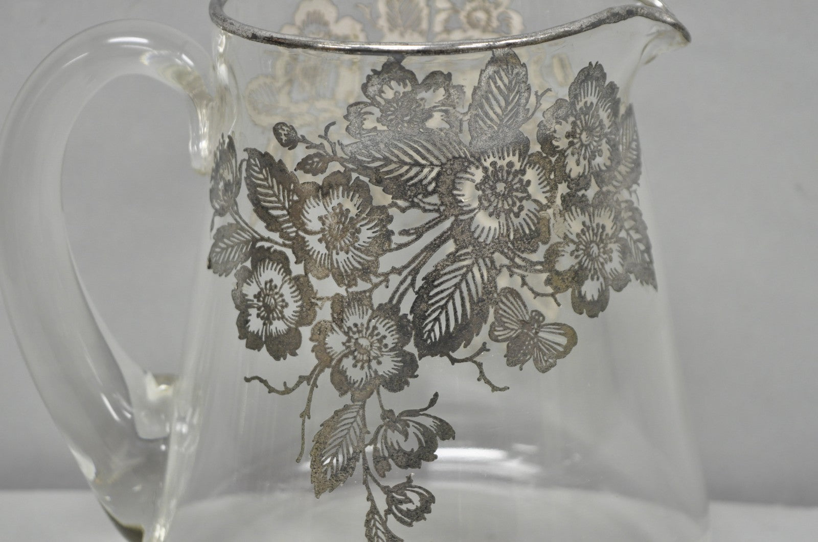 Vintage Art Nouveau Floral Sterling Silver Overlay Crystal Glass Water Pitcher