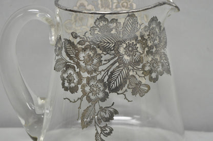 Vintage Art Nouveau Floral Sterling Silver Overlay Crystal Glass Water Pitcher