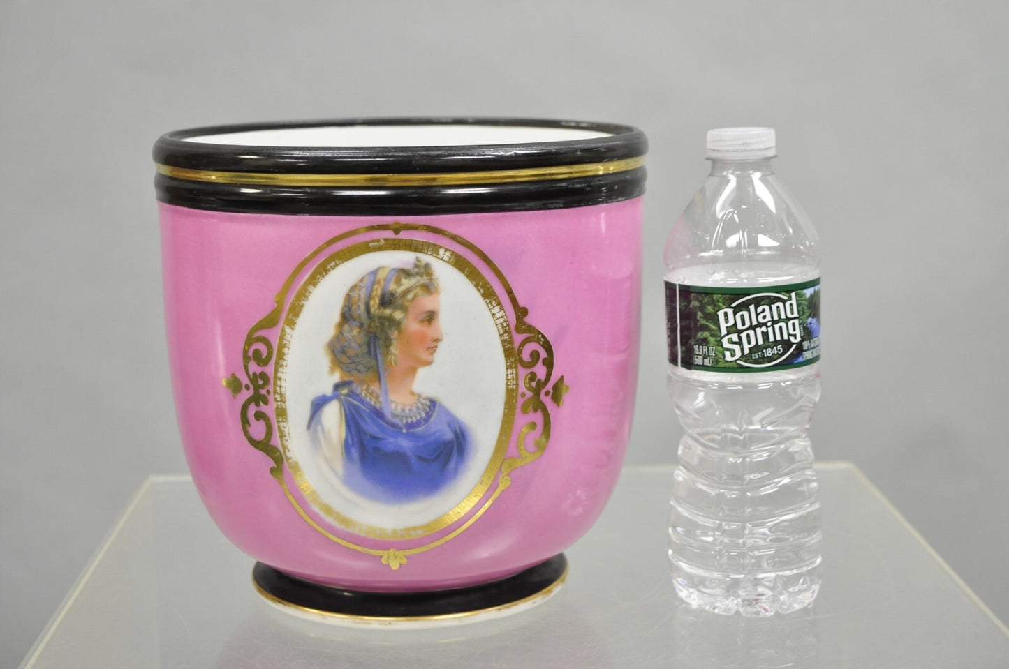 Antique French Porcelain Pink Hand Painted Portrait Cachepot Jardiniere Vase