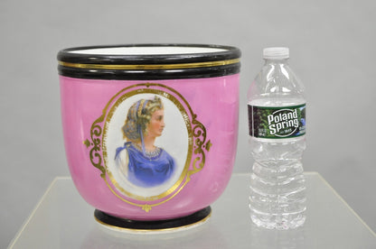 Antique French Porcelain Pink Hand Painted Portrait Cachepot Jardiniere Vase