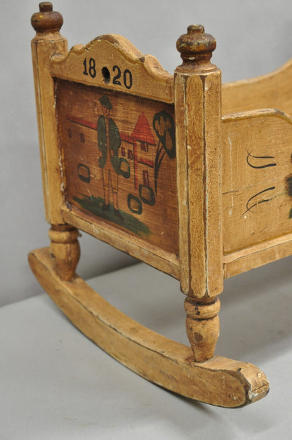 Antique Colonial Figural Painted "1820" Wooden Baby Doll Cradle