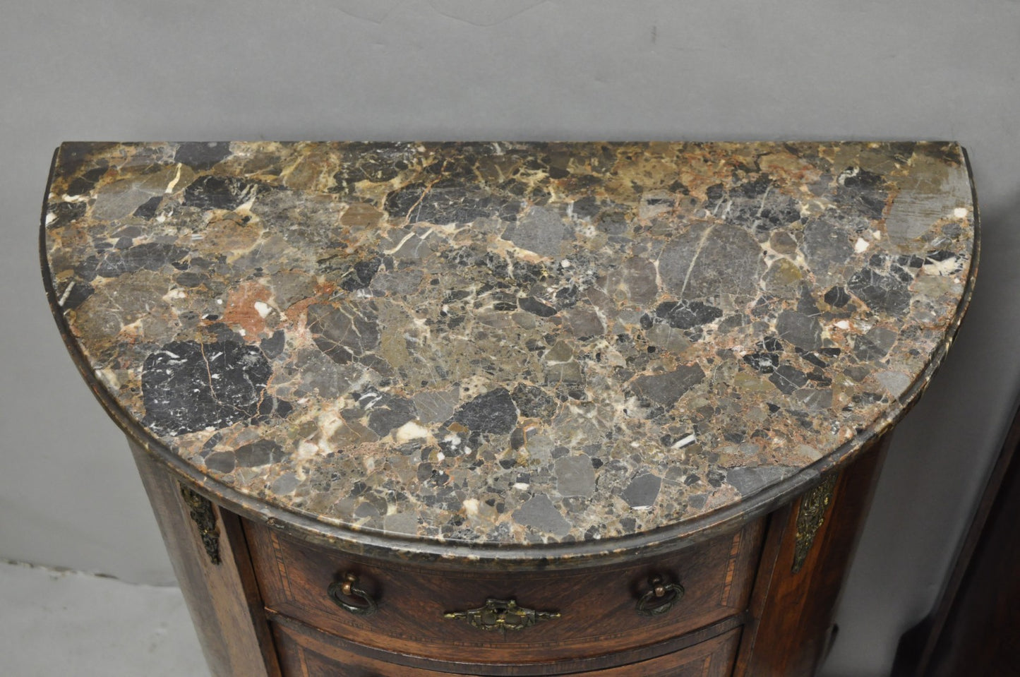 Antique French Louis XV Style Demilune Marble Top 4 Drawer Nightstand Table Pair
