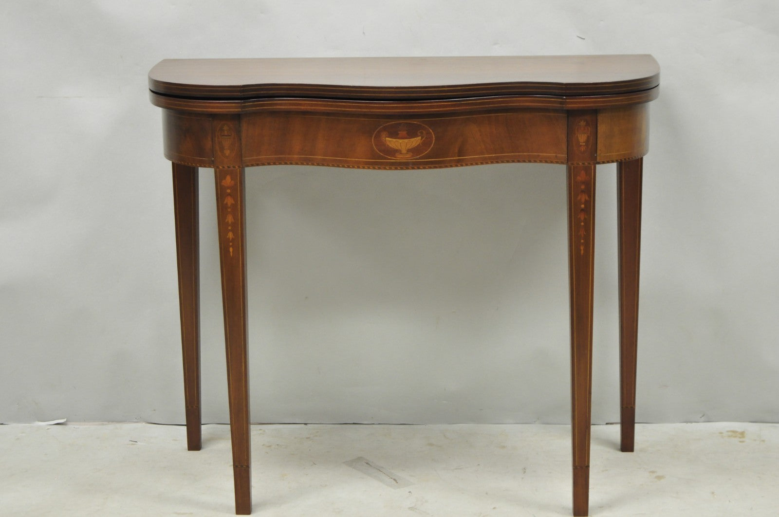 Antique Sheraton Federal Mahogany Urn Inlay Flip Serpentine Console Game Table