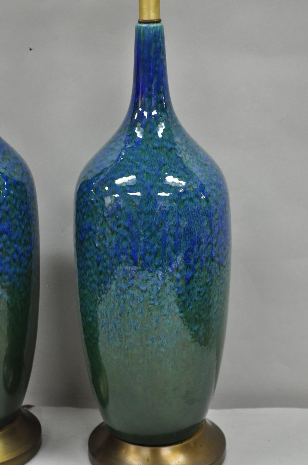 Mid Century Modern Blue & Green "Peacock" Glazed Ceramic Pottery Table Lamp Pair