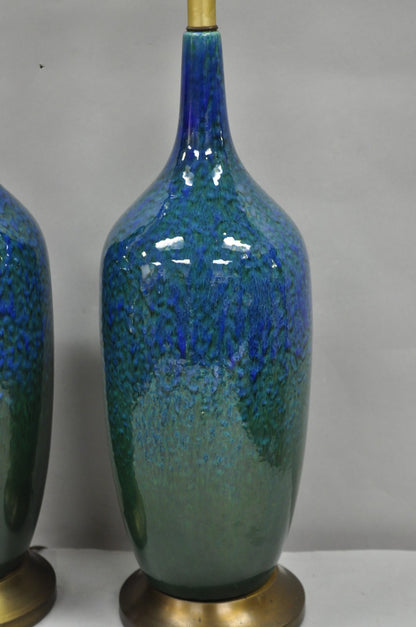 Mid Century Modern Blue & Green "Peacock" Glazed Ceramic Pottery Table Lamp Pair