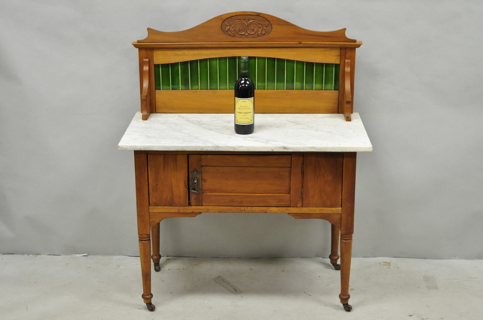 Antique English Arts & Crafts Birch Wood Green Tile Backsplash Washstand Server