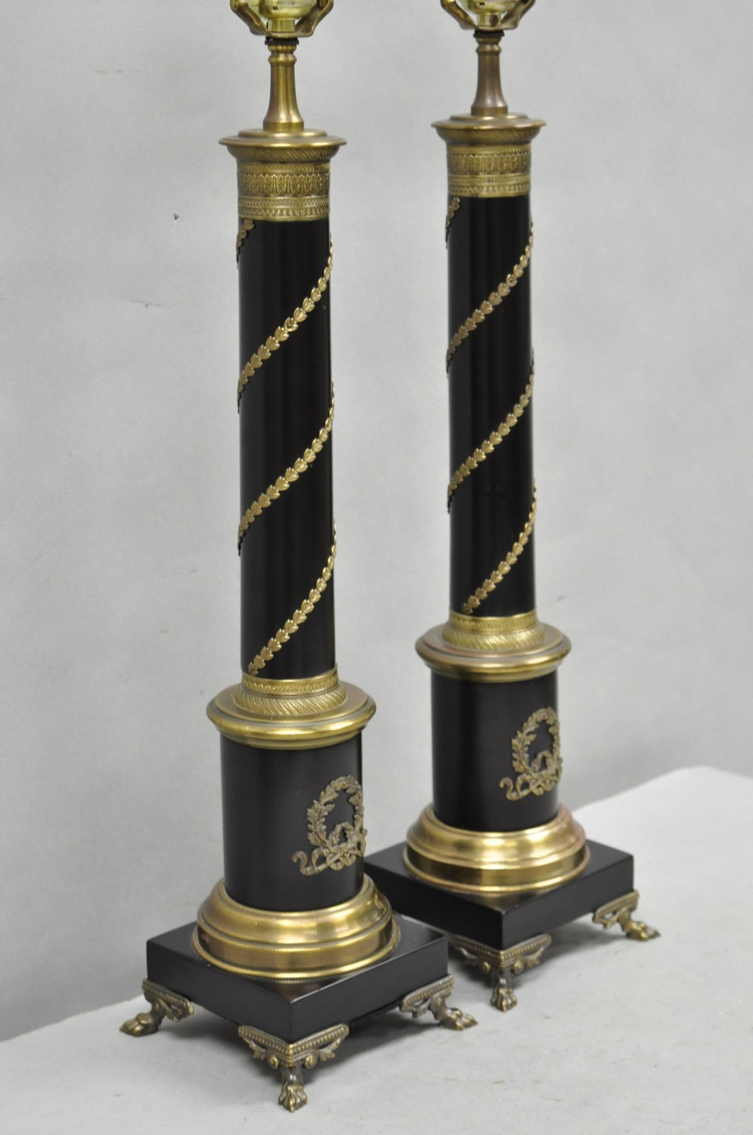 Vintage French Empire Style Black Column Brass Ormolu Bouillotte Table Lamp Pair