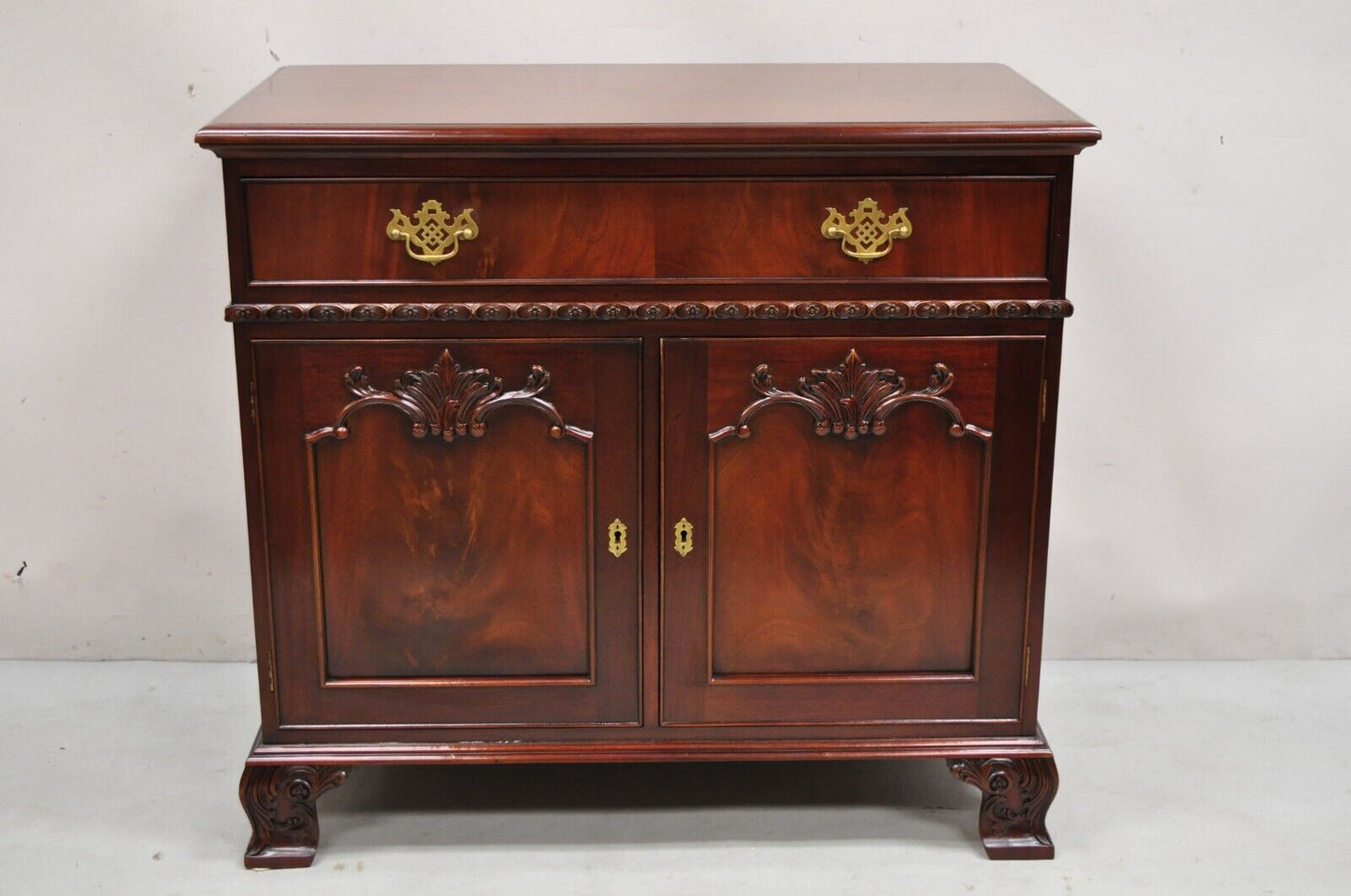 Georgian Chippendale Style Carved Mahogany One Drawer Server Cabinet Buffet