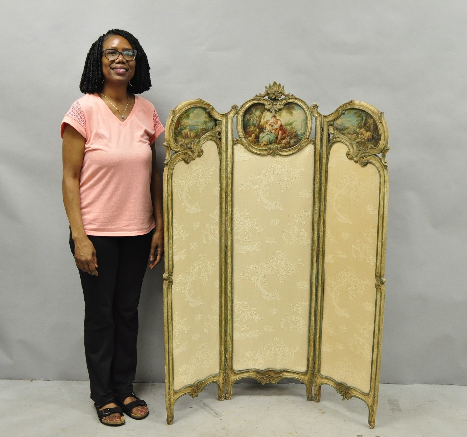 Antique French Louis XV Hand Painted Petite 3 Panel Folding Dressing Screen