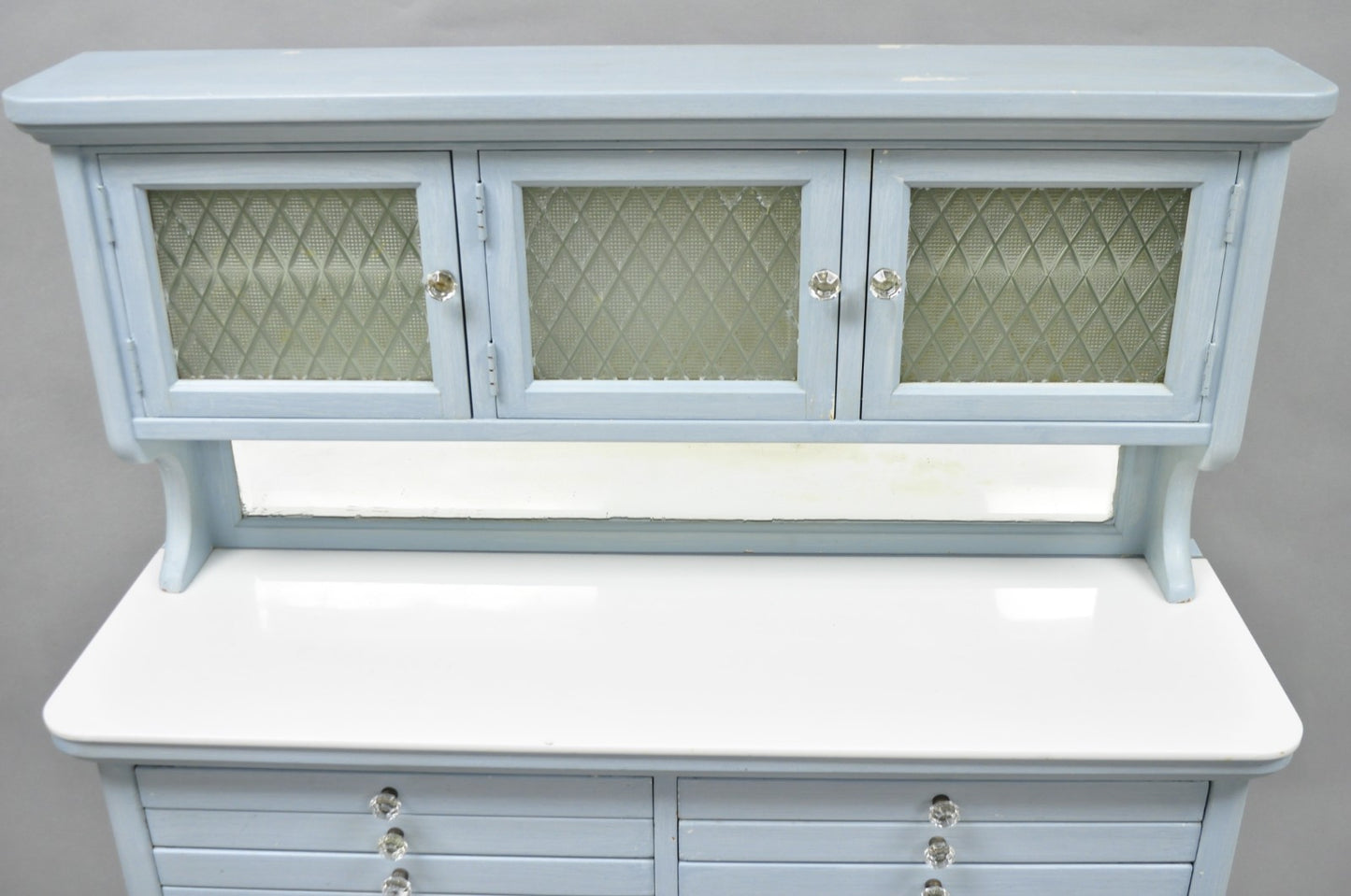 Antique Art Deco Medical Dental Cabinet Blue Painted w/Mirror and 22 Drawers