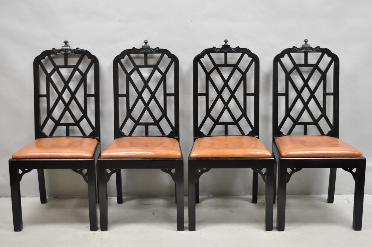 Vintage Chinese Chippendale Pagoda Fretwork Black Lacquer Dining Chair, Set of 4