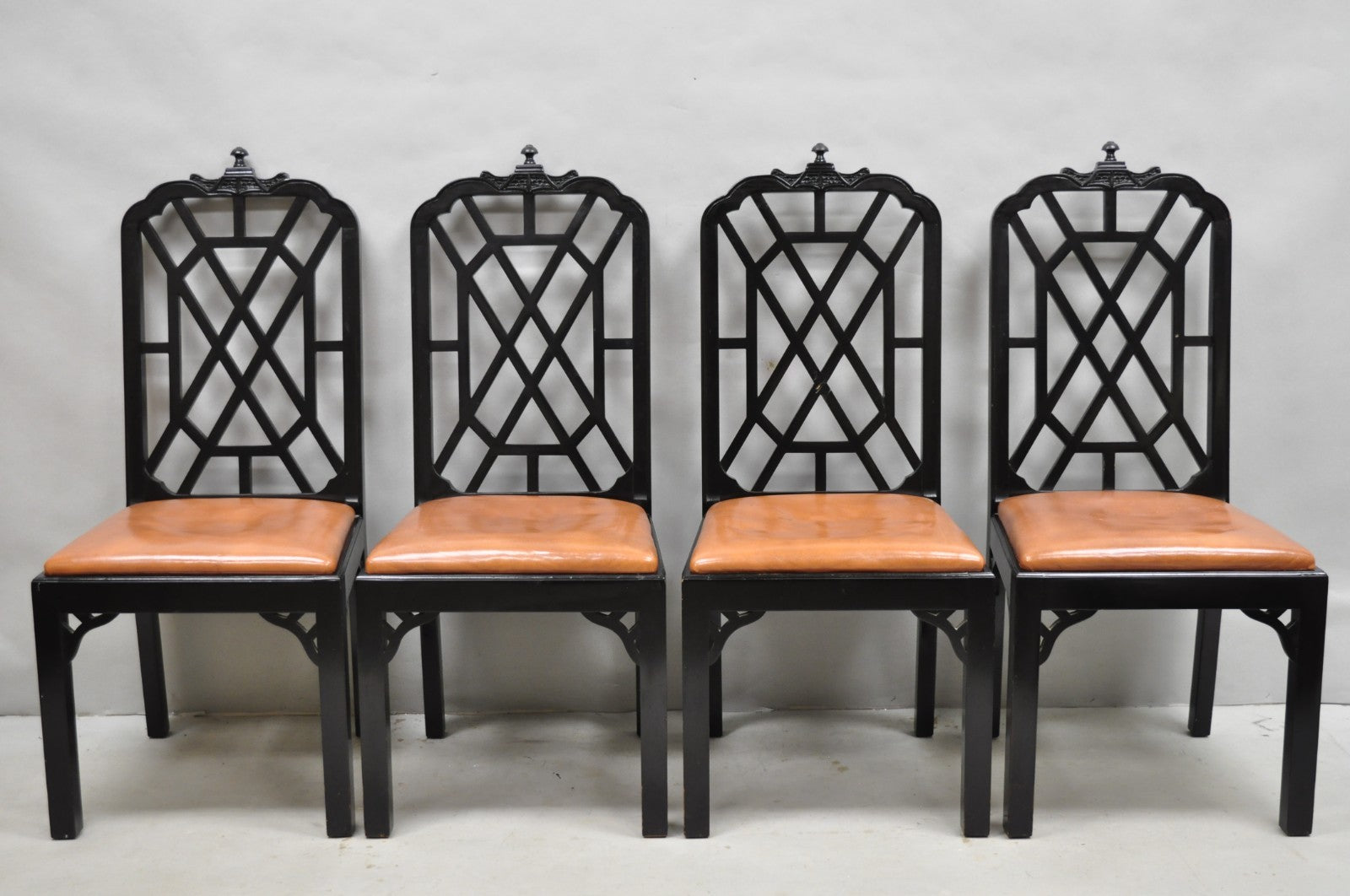 Vintage Chinese Chippendale Pagoda Fretwork Black Lacquer Dining Chair, Set of 4