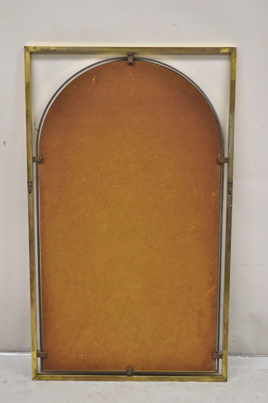 John Stuart Hollywood Regency Brass Frame Arched Glass Modernist Wall Mirror