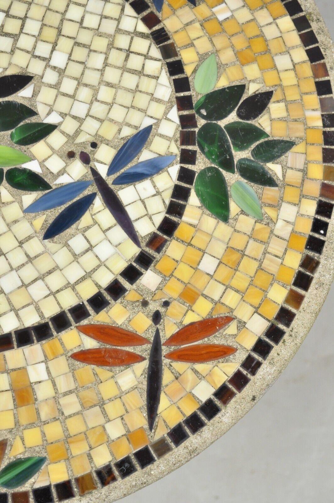 Dragonfly Mosaic Tile Round Stone Top Iron Base Patio Side Tables - a Pair