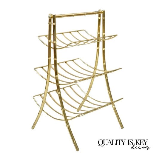 Vintage Hollywood Regency Gold Metal Faux Bamboo 3 Tier Magazine Rack Stand