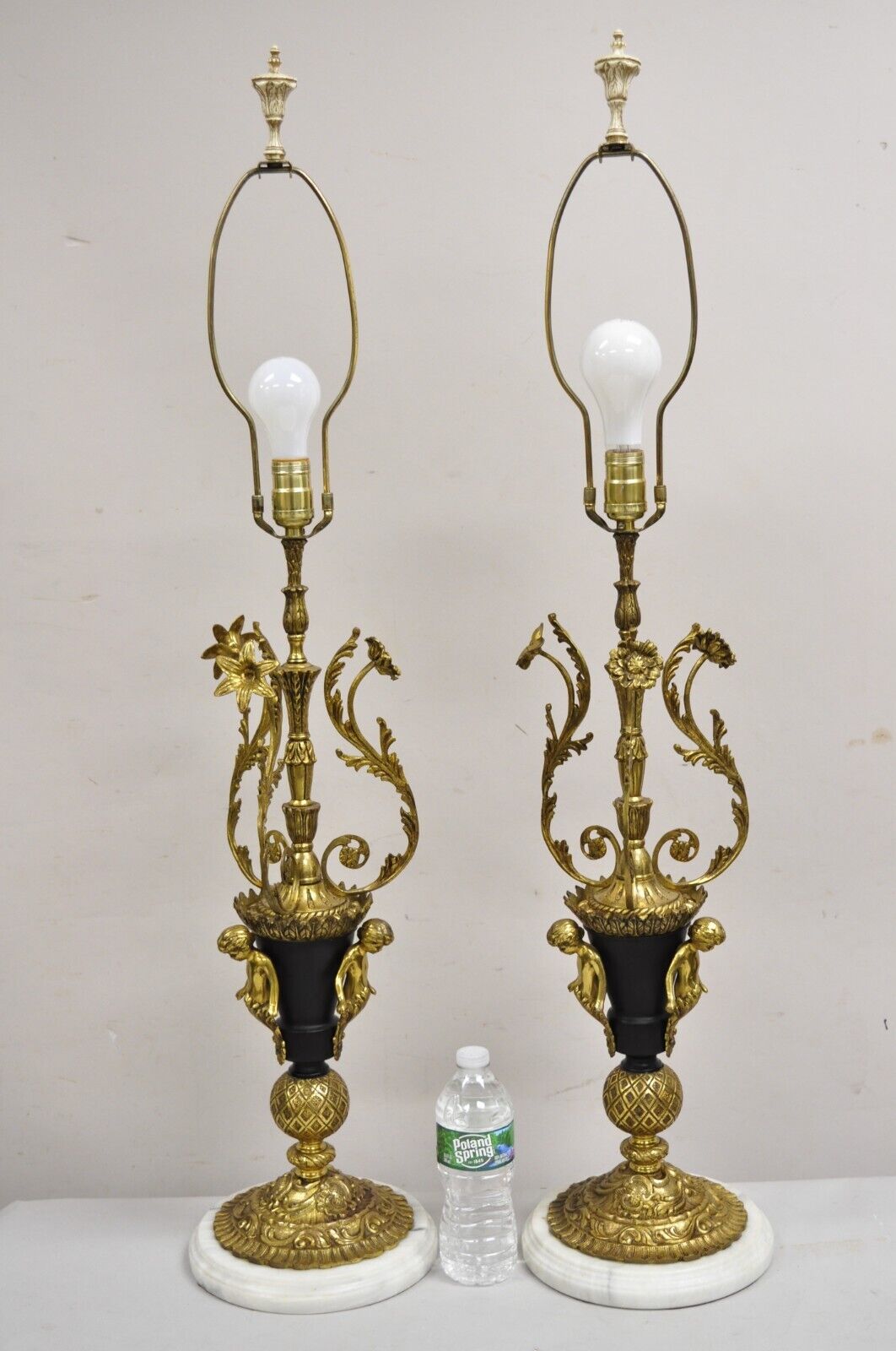 Vintage French Louis XV Brass & Marble Figural Table Lamps w/ Cherubs - a Pair