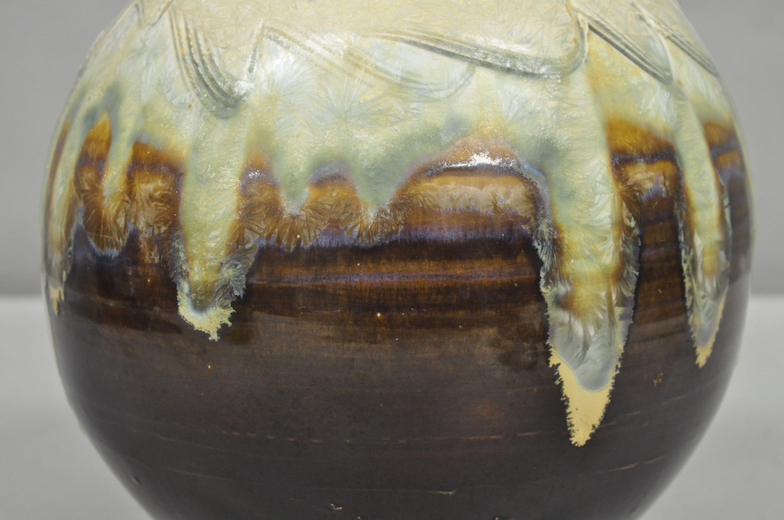 Vintage Mid Century Modern Brown Drip Glazed Bulbous Japanese Studio Vase Signed