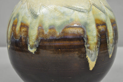 Vintage Mid Century Modern Brown Drip Glazed Bulbous Japanese Studio Vase Signed