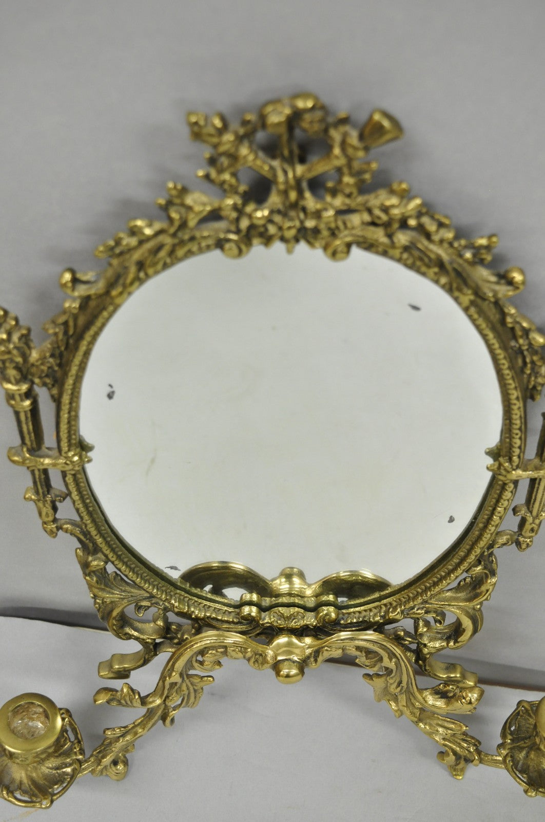 Antique French Rococo Louis XV Brass Oval Mirror Candelabra Wall Sconces - Pair