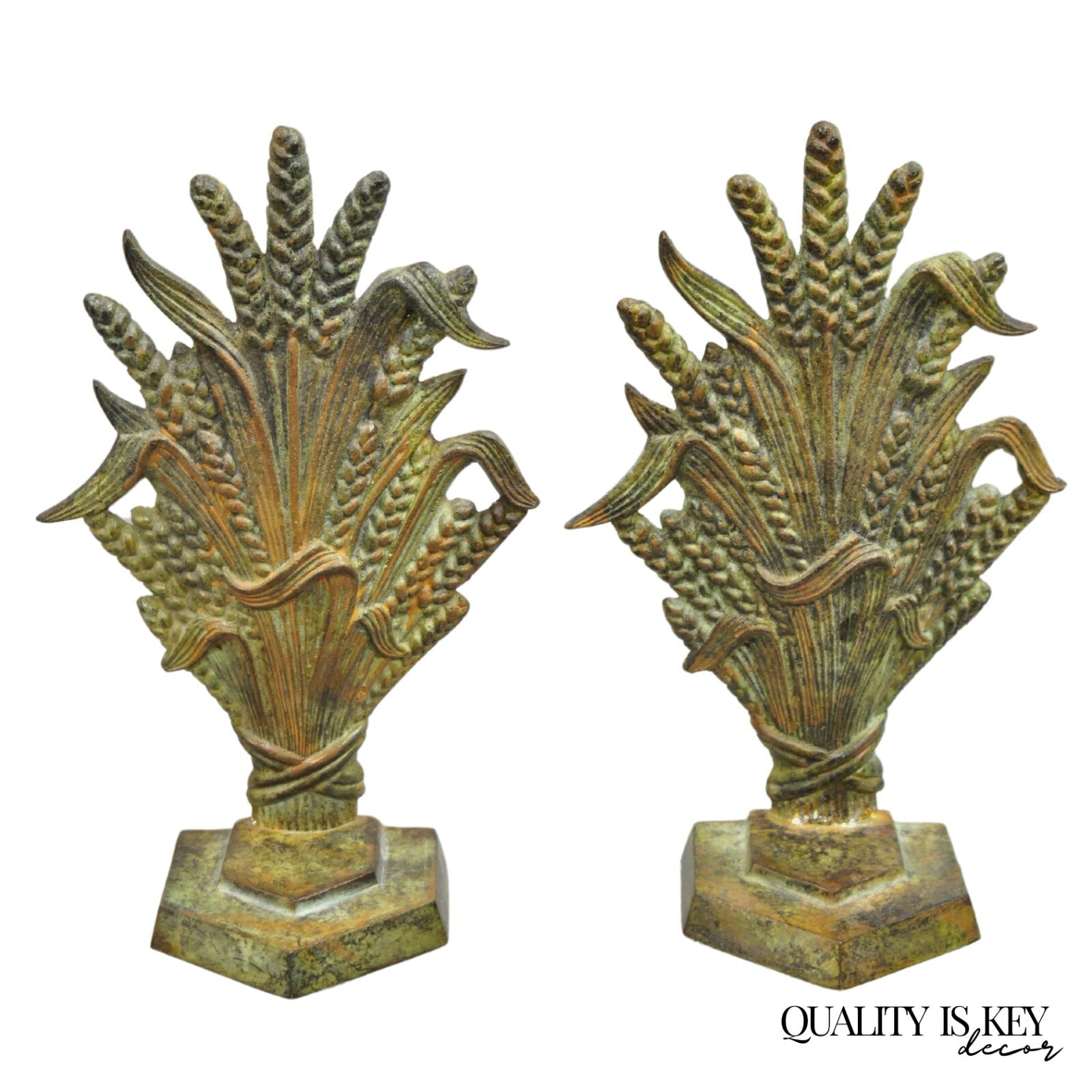 Vintage Art Nouveau Patinated Cast Metal Sheaf of Wheat Doorstop Bookends - Pair
