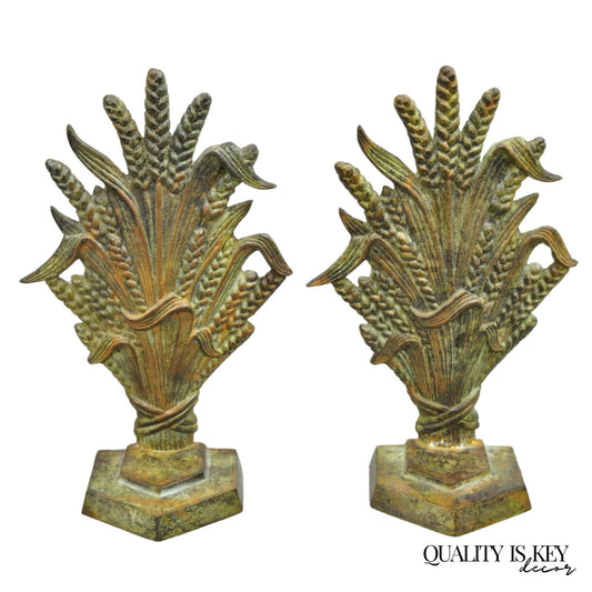 Vintage Art Nouveau Patinated Cast Metal Sheaf of Wheat Doorstop Bookends - Pair