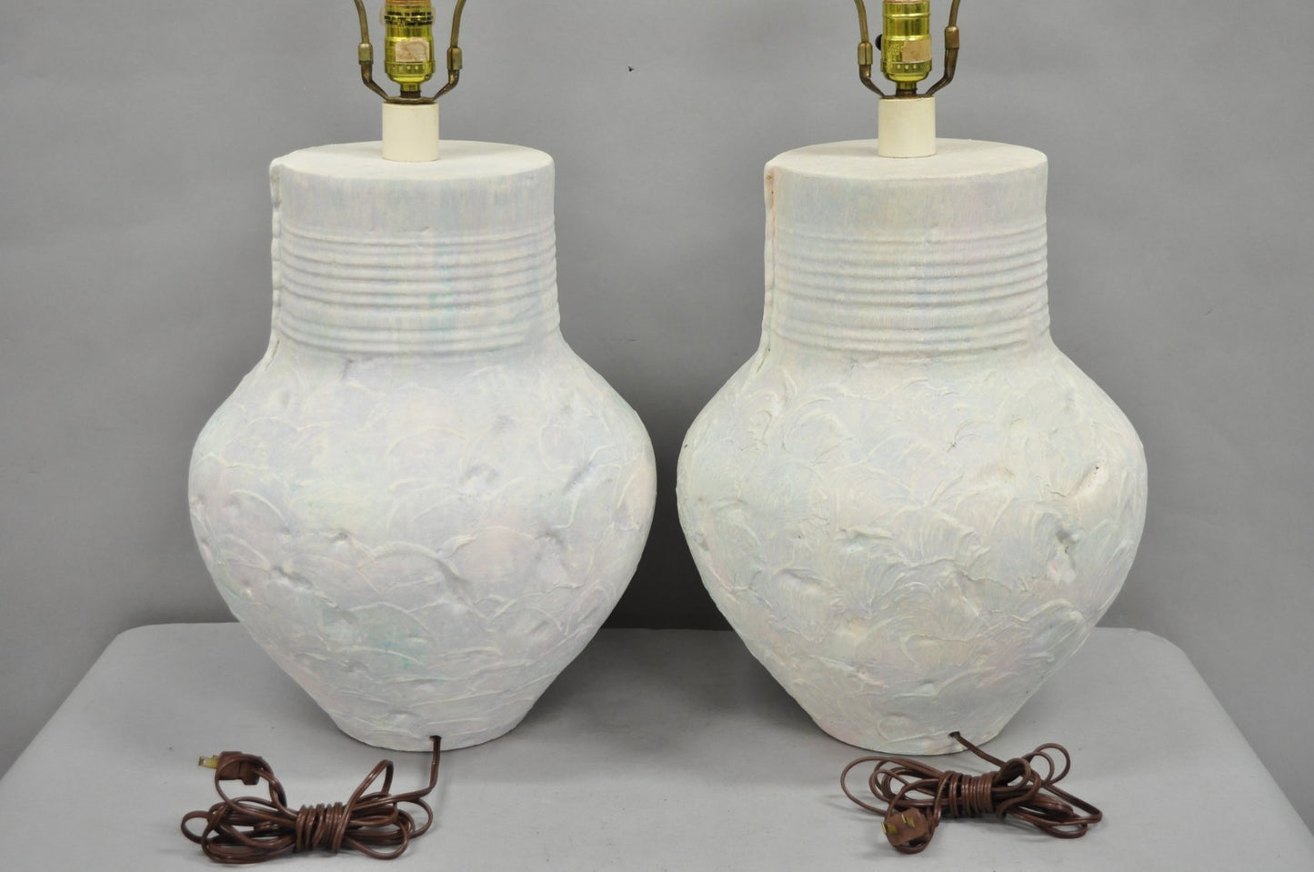 Vintage Postmodern Beach House Ceramic Plaster White Bulbous Table Lamps, a Pair