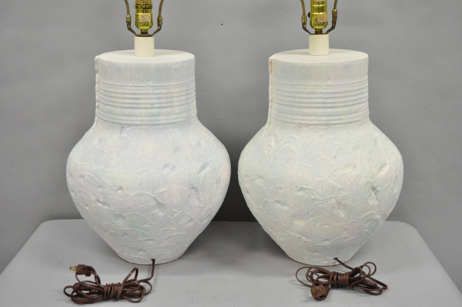 Vintage Postmodern Beach House Ceramic Plaster White Bulbous Table Lamps, a Pair